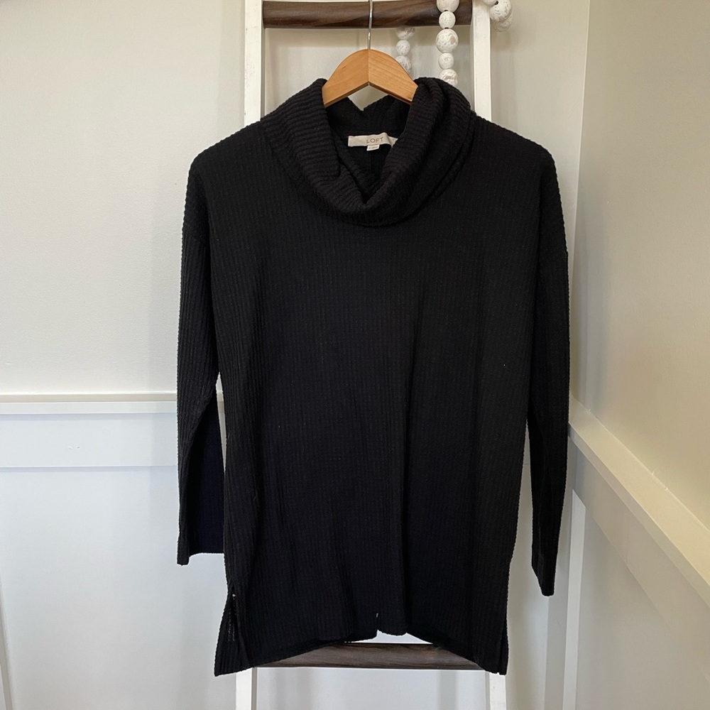 LOFT black waffle knit cowl neck sweater, size Small